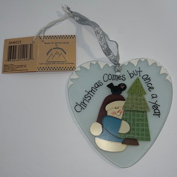 Vintage Crazy Mountain Heart Glass Snowman & Christmas Tree Ornament ~ Brand New - Picture 1 of 12